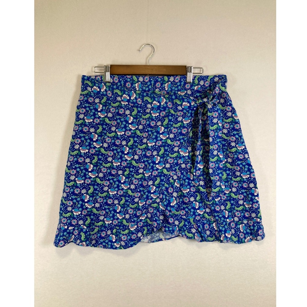 Cottagecore LOFT Women 12 Blue Floral Linen Blend Ruffle Wrap Skort Mini Skirt